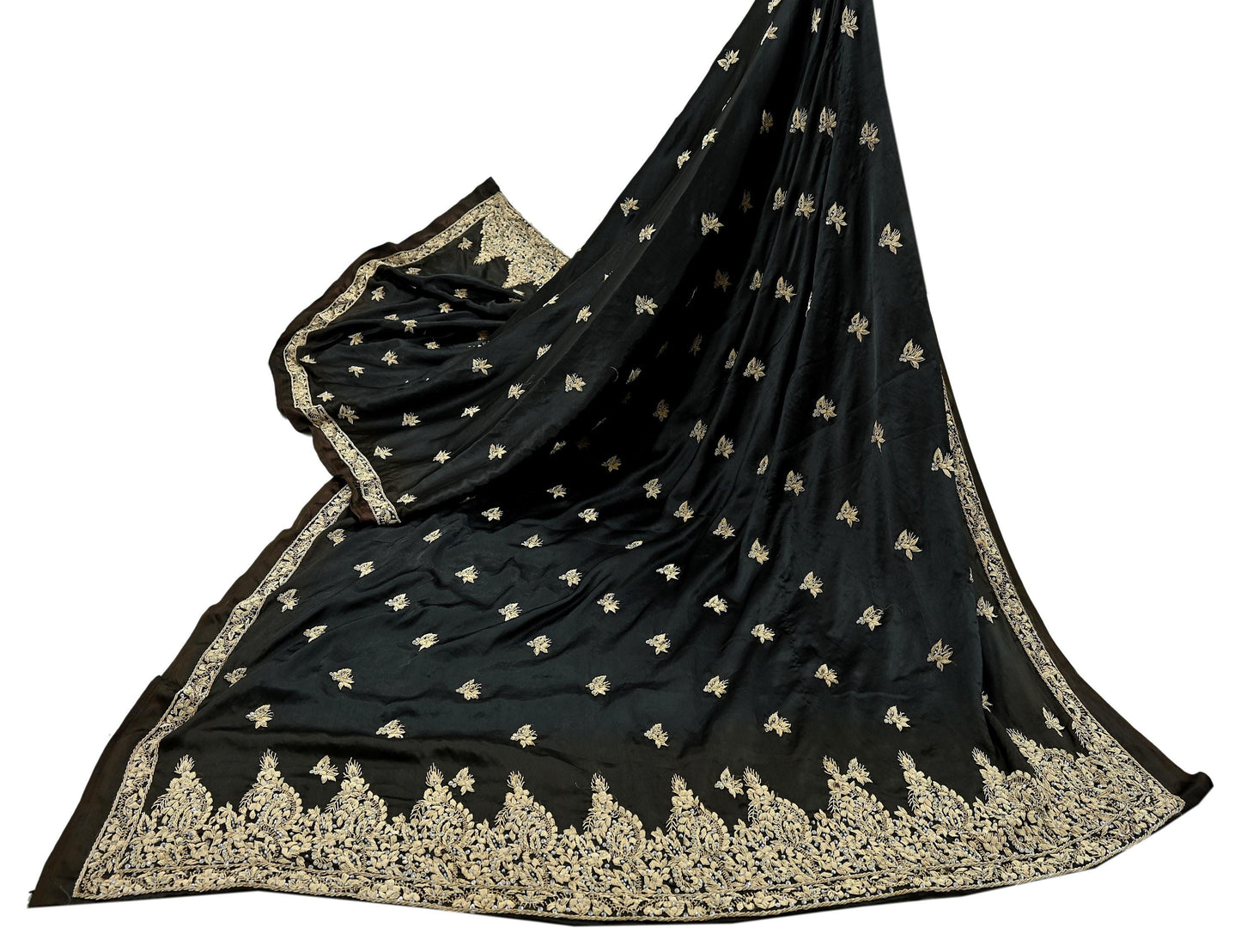 Indian Vintage Heavy Wedding Black & Brown Dupatta Pure Satin Silk Long Stole Hand Embroidered Scarves Golden Zardozi Veil