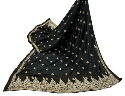 Indian Vintage Heavy Wedding Black & Brown Dupatta Pure Satin Silk Long Stole Hand Embroidered Scarves Golden Zardozi Veil