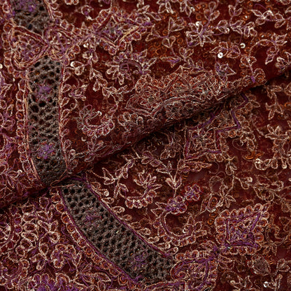 Indian Vintage Heavy Wedding Maroon Dupatta Net Mesh Long Stole Hand Embroidered Scarves Golden Zardozi Zari Sequins Dridal Veil Hijab