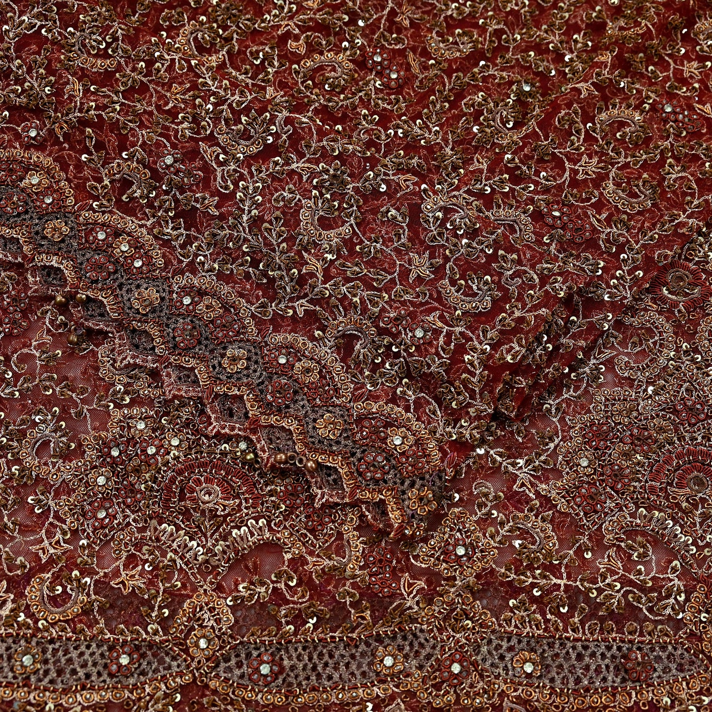 Indian Vintage Heavy Wedding Maroon Dupatta Net Mesh Long Stole Hand Embroidered Scarves Golden Zardozi Zari Sequins Dridal Veil Hijab