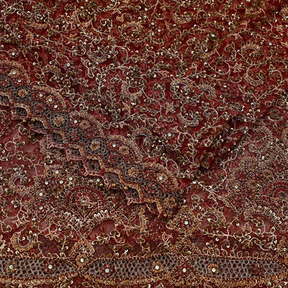 Indian Vintage Heavy Wedding Maroon Dupatta Net Mesh Long Stole Hand Embroidered Scarves Golden Zardozi Zari Sequins Dridal Veil Hijab