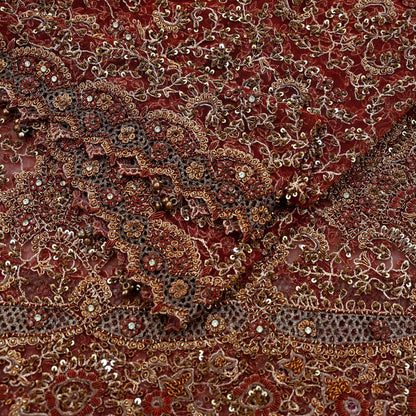 Indian Vintage Heavy Wedding Maroon Dupatta Net Mesh Long Stole Hand Embroidered Scarves Golden Zardozi Zari Sequins Dridal Veil Hijab