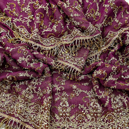Indian Vintage Heavy Purple Dupatta Net Mesh Long Stole Hand Embroidered Scarves Golden Zardozi Dabka Zari  Bridal/Wedding Veil