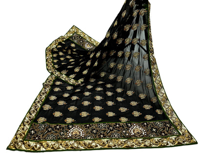 Indian Vintage Heavy Black Dupatta Pure Georgette Silk Long Stole Hand Embroidered Scarves Scarf Zari Zardozi Bridal/Wedding Veil Fringes