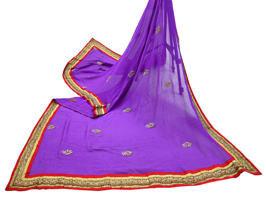 Indian Vintage Heavy Purple Dupatta Pure Georgette Silk Long Stole Hand Embroidered  Scarves Zardozi