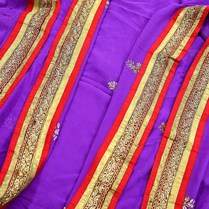 Indian Vintage Heavy Purple Dupatta Pure Georgette Silk Long Stole Hand Embroidered  Scarves Zardozi