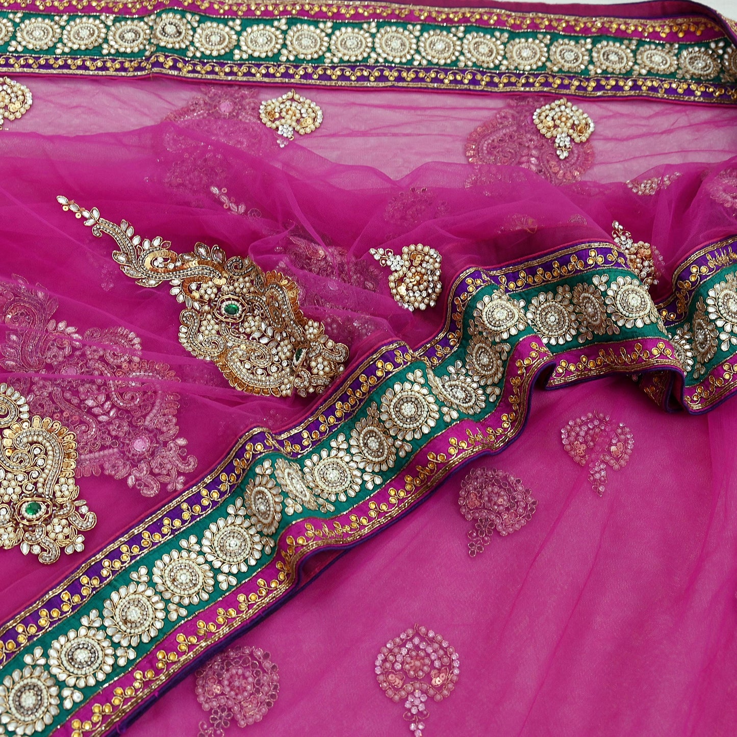 Indian Vintage Heavy Sari Purple Net/Mesh Embroidered Sarees Fabric 6Yd Sewing Soft Green Sequins Floral Zari Bridal/wedding Saris