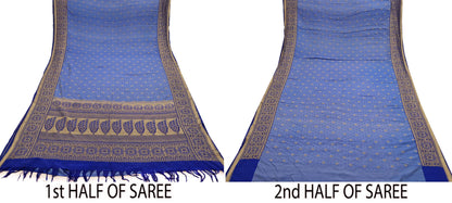 Indian Vintage Heavy Blue Saree Pure Silk Hand Woven Sari Craft Fabric 5Yd Sewing Soft Ethnic Zari Dress Making Wedding Sari