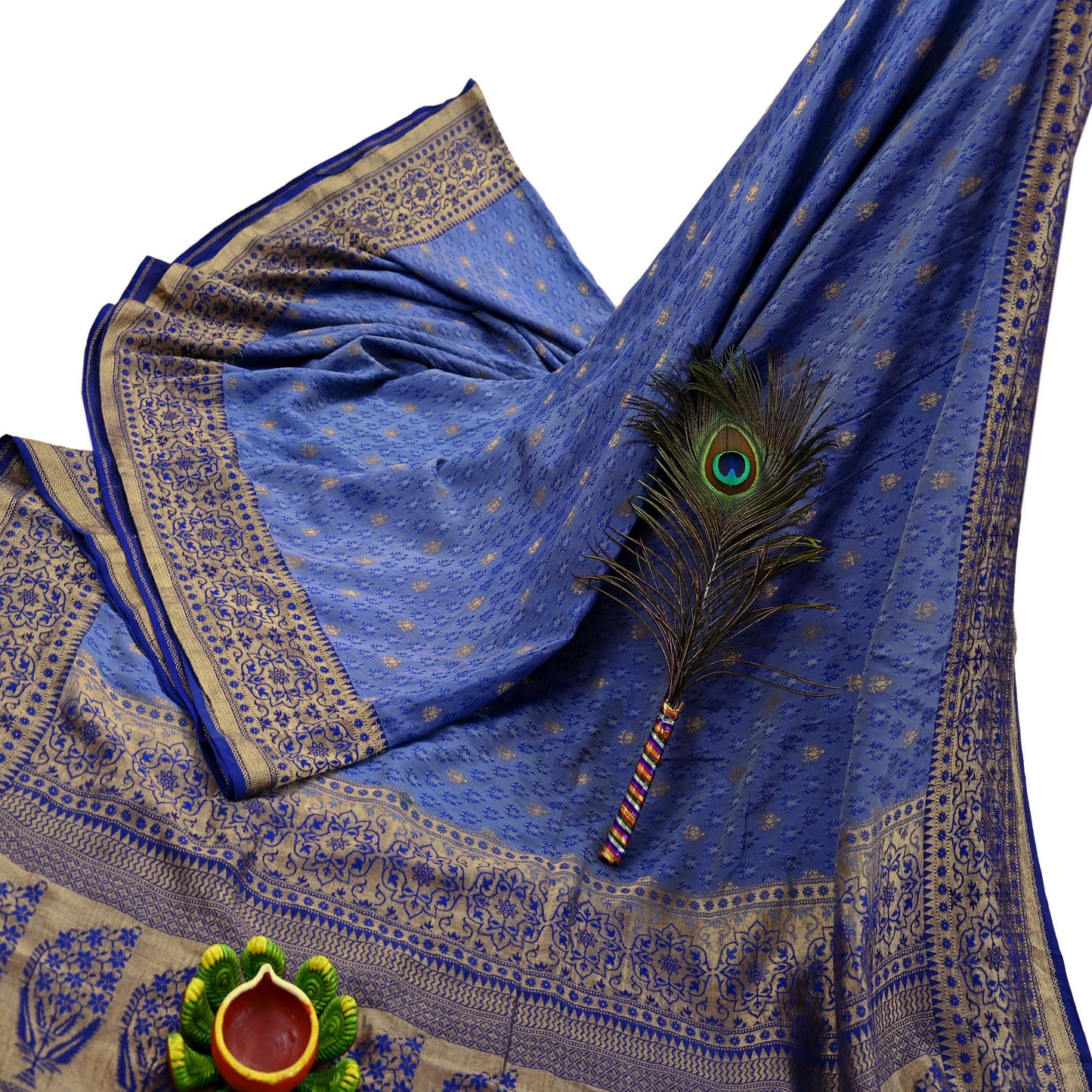 Indian Vintage Heavy Blue Saree Pure Silk Hand Woven Sari Craft Fabric 5Yd Sewing Soft Ethnic Zari Dress Making Wedding Sari