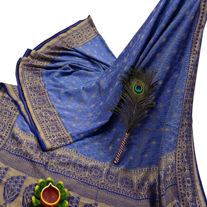 Indian Vintage Heavy Blue Saree Pure Silk Hand Woven Sari Craft Fabric 5Yd Sewing Soft Ethnic Zari Dress Making Wedding Sari