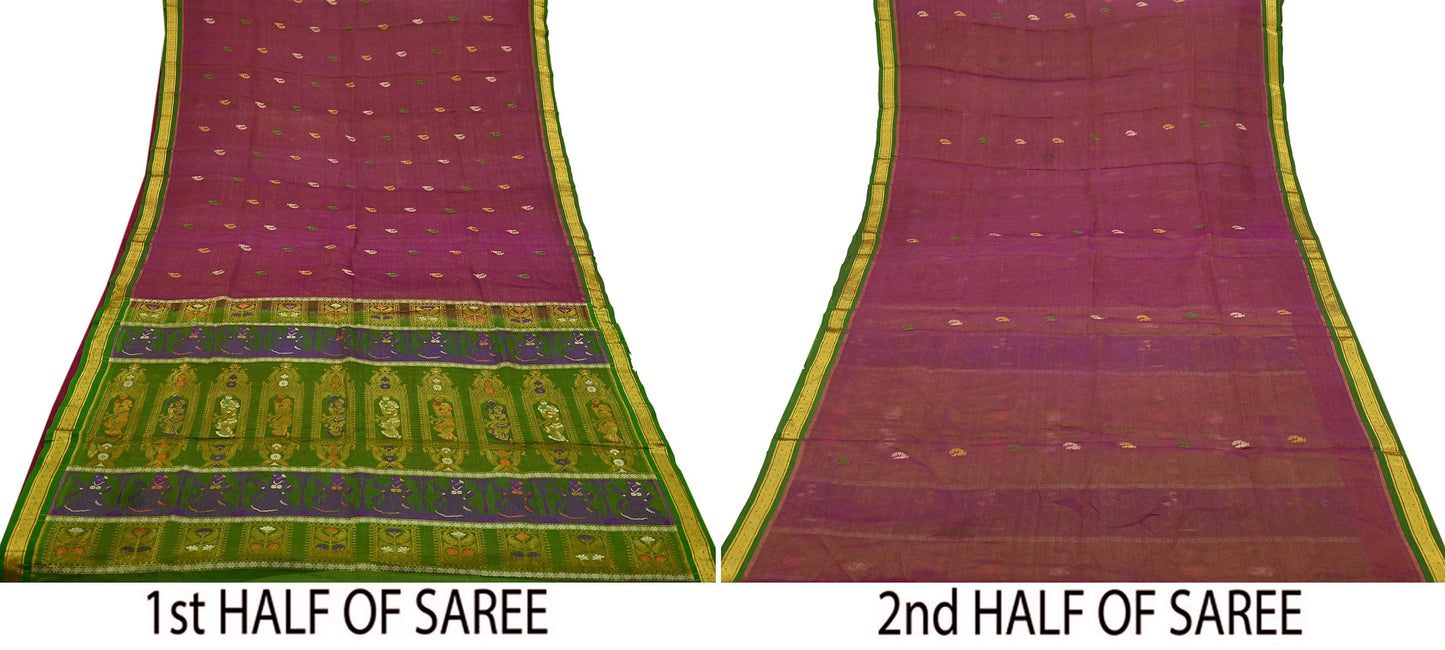 Indian Vintage Heavy Green & Pink Kanjivaram Saree 100% Pure Silk Sari Zari 5Yd Floral Crafting Dress making Crafting Bollywood sari