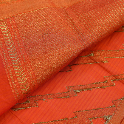 Indian Vintage Sari Orange Chanderi Cotton Hand Woven Sarees 5Yd Craft Fabric Sewing Sarong Dress Making Quilting Crafting Zari Border