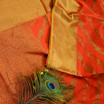 Indian Vintage Sari Orange Chanderi Cotton Hand Woven Sarees 5Yd Craft Fabric Sewing Sarong Dress Making Quilting Crafting Zari Border