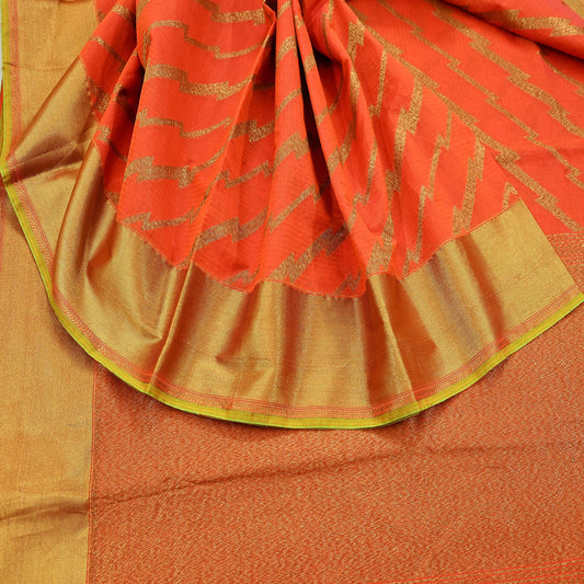 Indian Vintage Sari Orange Chanderi Cotton Hand Woven Sarees 5Yd Craft Fabric Sewing Sarong Dress Making Quilting Crafting Zari Border