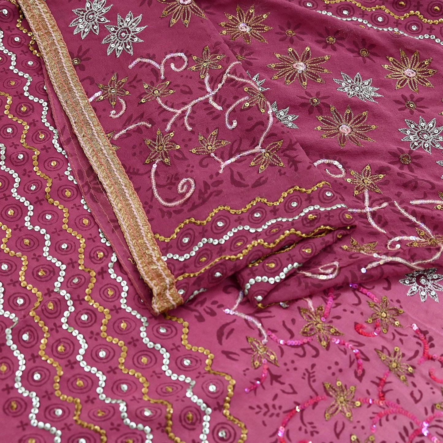 Indian Vintage Sari Pink Pure Georgette Silk Hand Embroidered Sarees Craft Fabric 6Yd Sewing Soft Ethnic Zardozi/Dabka,Zari Wedding Sarees