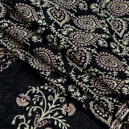 Indian Vintage Sari Black Printed 100% Pure Cotton Saree Craft Fabric 5Yard Sewing Sarong Wrap Boho Floral Dress Making Crafting Quilting