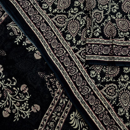Indian Vintage Sari Black Printed 100% Pure Cotton Saree Craft Fabric 5Yard Sewing Sarong Wrap Boho Floral Dress Making Crafting Quilting