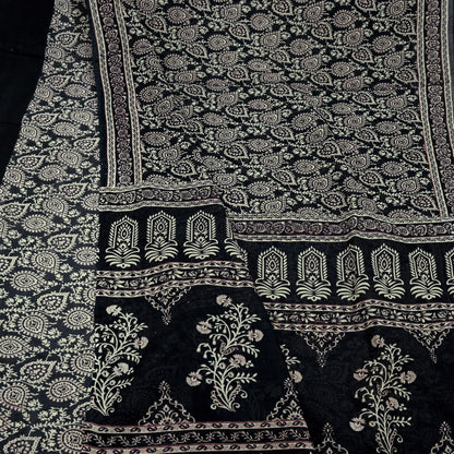 Indian Vintage Sari Black Printed 100% Pure Cotton Saree Craft Fabric 5Yard Sewing Sarong Wrap Boho Floral Dress Making Crafting Quilting