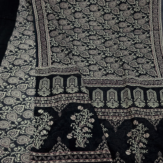 Indian Vintage Sari Black Printed 100% Pure Cotton Saree Craft Fabric 5Yard Sewing Sarong Wrap Boho Floral Dress Making Crafting Quilting