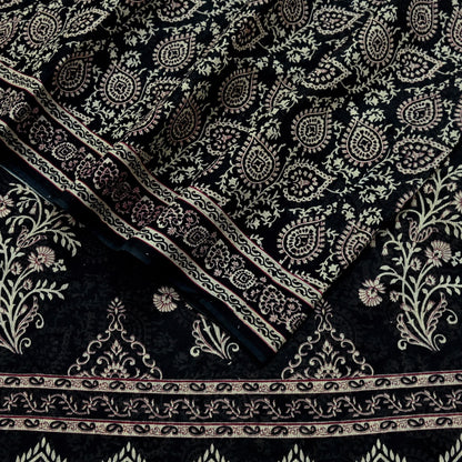 Indian Vintage Sari Black Printed 100% Pure Cotton Saree Craft Fabric 5Yard Sewing Sarong Wrap Boho Floral Dress Making Crafting Quilting