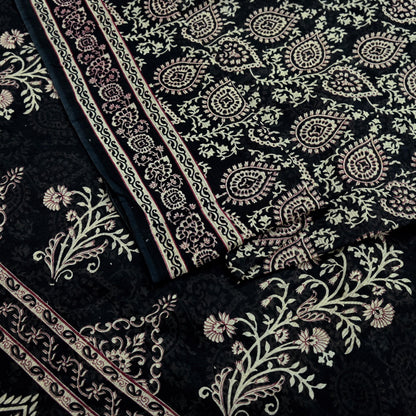 Indian Vintage Sari Black Printed 100% Pure Cotton Saree Craft Fabric 5Yard Sewing Sarong Wrap Boho Floral Dress Making Crafting Quilting
