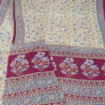 Indian Vintage Sari Ivory & Pink Printed Pure Cotton Saree Craft Fabric 5Yd Soft Sewing Sarong Wrap Boho Floral Dress making Crafting