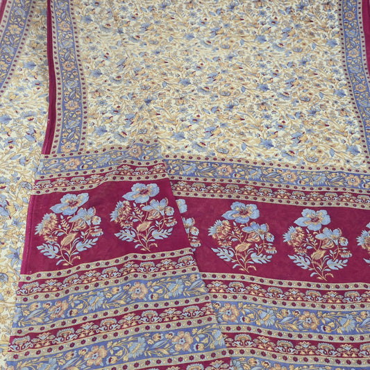 Indian Vintage Sari Ivory & Pink Printed Pure Cotton Saree Craft Fabric 5Yd Soft Sewing Sarong Wrap Boho Floral Dress making Crafting
