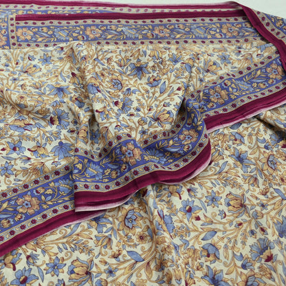 Indian Vintage Sari Ivory & Pink Printed Pure Cotton Saree Craft Fabric 5Yd Soft Sewing Sarong Wrap Boho Floral Dress making Crafting