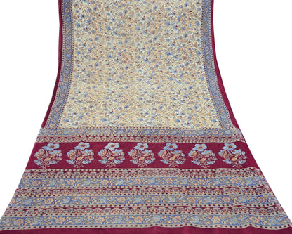 Indian Vintage Sari Ivory & Pink Printed Pure Cotton Saree Craft Fabric 5Yd Soft Sewing Sarong Wrap Boho Floral Dress making Crafting