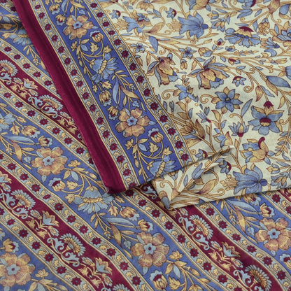 Indian Vintage Sari Ivory & Pink Printed Pure Cotton Saree Craft Fabric 5Yd Soft Sewing Sarong Wrap Boho Floral Dress making Crafting