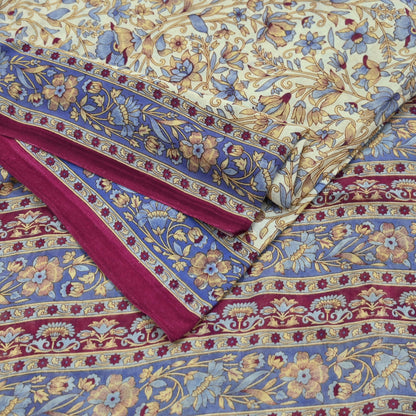 Indian Vintage Sari Ivory & Pink Printed Pure Cotton Saree Craft Fabric 5Yd Soft Sewing Sarong Wrap Boho Floral Dress making Crafting