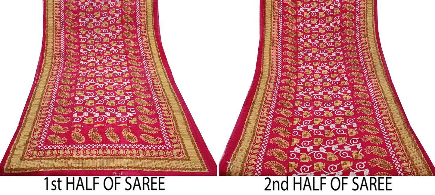 Indian Vintage Sari Pink Printed Pure Cotton Sarees 5Yd Craft Fabric Sewing Sarong Wrap Boho Upcycle quilting Dress making Crafting