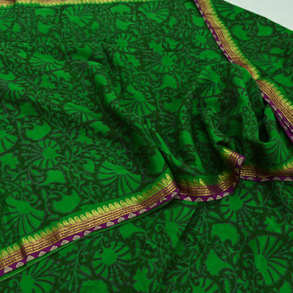 Indian Vintage Sari Green & Purple Pure Crepe Silk Hand Painted Saree 5yd Sewing Floral Craft Fabric Wrap Dress Making Quilting Crafting