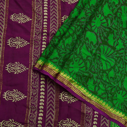 Indian Vintage Sari Green & Purple Pure Crepe Silk Hand Painted Saree 5yd Sewing Floral Craft Fabric Wrap Dress Making Quilting Crafting