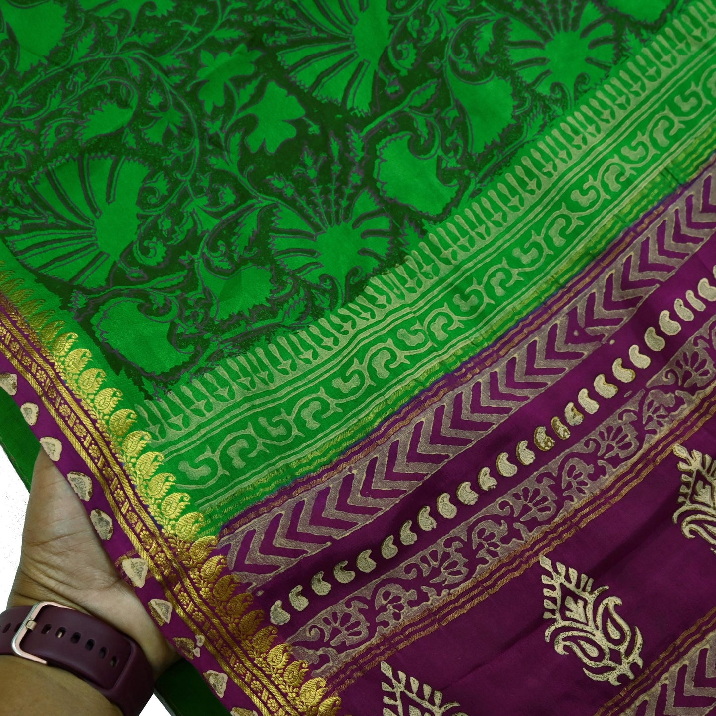 Indian Vintage Sari Green & Purple Pure Crepe Silk Hand Painted Saree 5yd Sewing Floral Craft Fabric Wrap Dress Making Quilting Crafting
