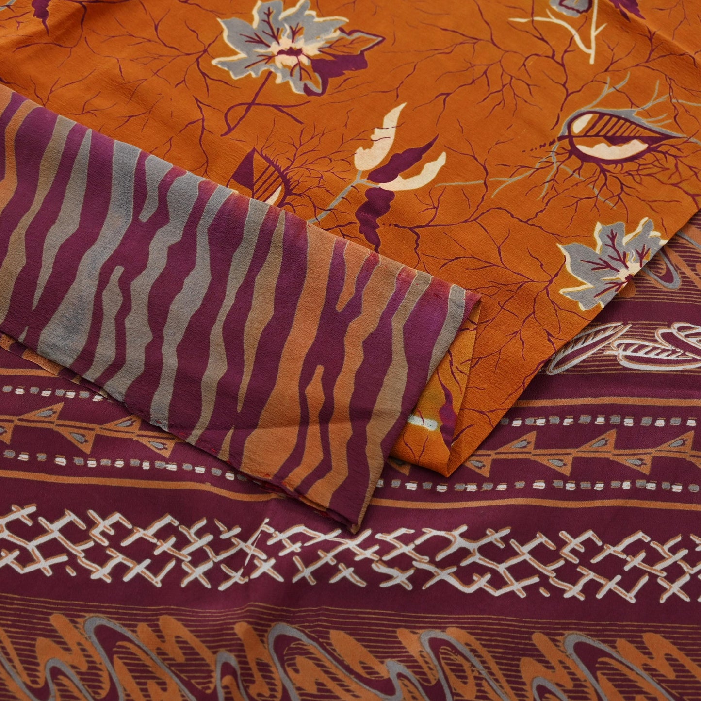 Indian Vintage Saree Pure Crepe Silk Block Printed Sari 5yd Sewing Floral Soft Craft Fabric Wrap Fashion Dress making Crafting