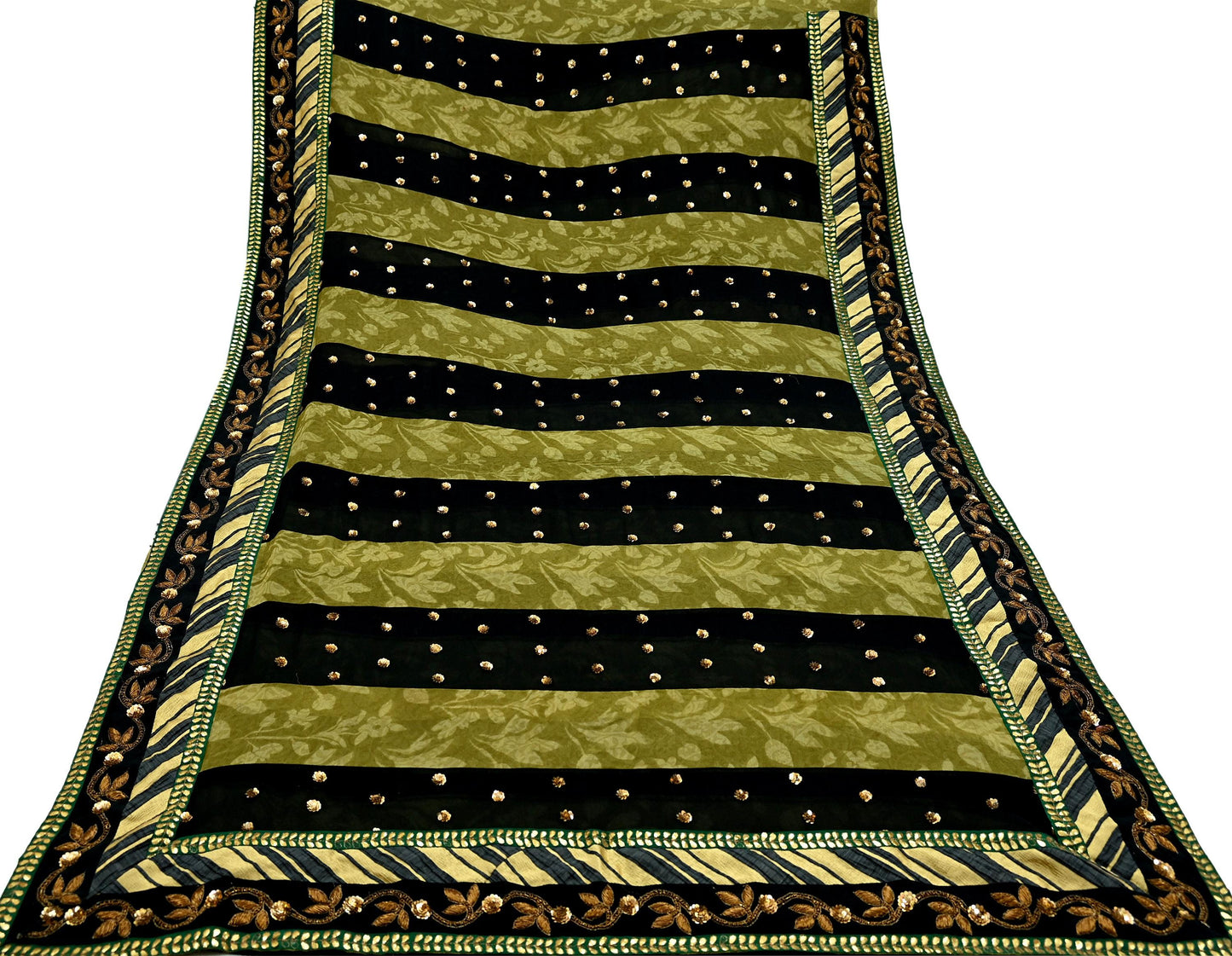 Indian Pre-owned Heavy Sari Black & Green Pure Georgette Silk Hand Embroidered Sarees Designer Sabyasachi 6Yd Sewing Ethnic Sarees