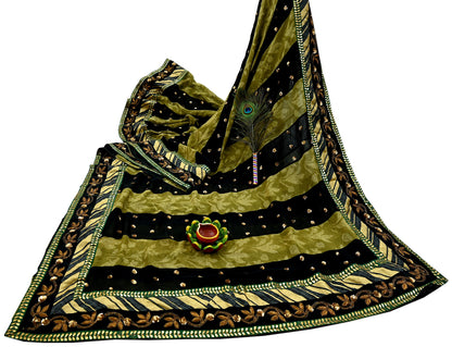 Indian Pre-owned Heavy Sari Black & Green Pure Georgette Silk Hand Embroidered Sarees Designer Sabyasachi 6Yd Sewing Ethnic Sarees