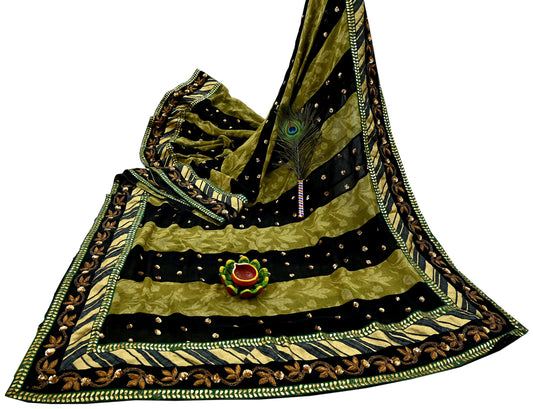 Indian Pre-owned Heavy Sari Black & Green Pure Georgette Silk Hand Embroidered Sarees Designer Sabyasachi 6Yd Sewing Ethnic Sarees