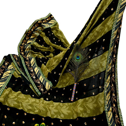 Indian Pre-owned Heavy Sari Black & Green Pure Georgette Silk Hand Embroidered Sarees Designer Sabyasachi 6Yd Sewing Ethnic Sarees