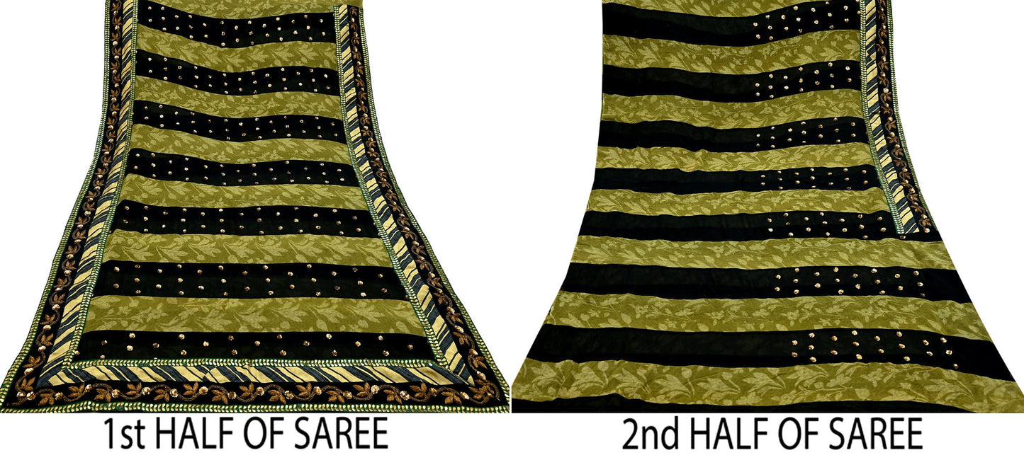 Indian Pre-owned Heavy Sari Black & Green Pure Georgette Silk Hand Embroidered Sarees Designer Sabyasachi 6Yd Sewing Ethnic Sarees