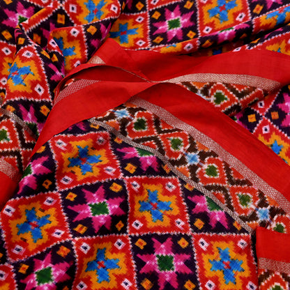 Indian Antique Vintage Red  Sari Hand Woven Double Ikat Patola Sarees 100% Pure Silk Craft Fabric 5Yd Dress Making Sewing For wearing
