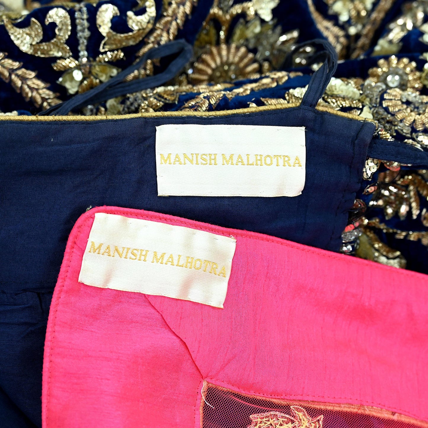 Indian Pre-owned Heavy Wedding Blue & Pink Net/Mesh/ Velvet Hand Embroidered Lehenga/Dupatta Designer By Manish Malhotra Zardozi Bridal Wear