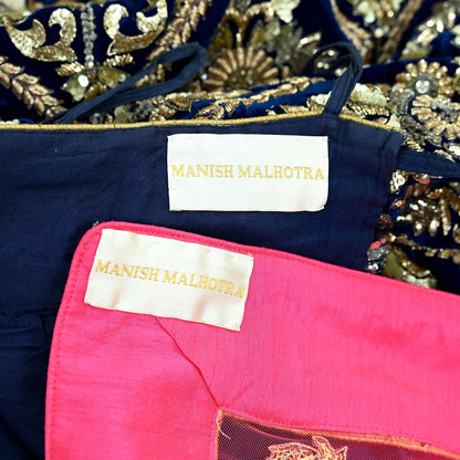 Indian Pre-owned Heavy Wedding Blue & Pink Net/Mesh/ Velvet Hand Embroidered Lehenga/Dupatta Designer By Manish Malhotra Zardozi Bridal Wear