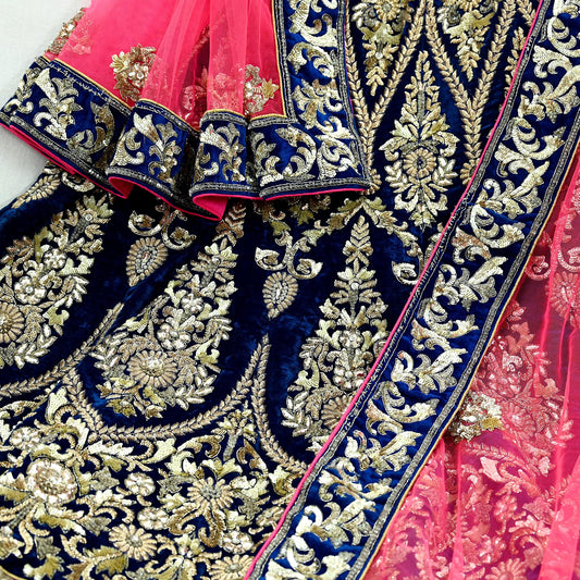 Indian Pre-owned Heavy Wedding Blue & Pink Net/Mesh/ Velvet Hand Embroidered Lehenga/Dupatta Designer By Manish Malhotra Zardozi Bridal Wear