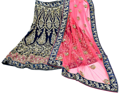Indian Pre-owned Heavy Wedding Blue & Pink Net/Mesh/ Velvet Hand Embroidered Lehenga/Dupatta Designer By Manish Malhotra Zardozi Bridal Wear