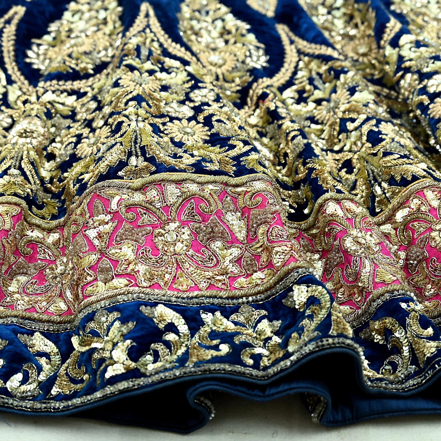 Indian Pre-owned Heavy Wedding Blue Velvet Hand Embroidered Lehenga/Skirt Designer By Manish Malhotra Zardozi Bridal Wear