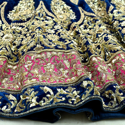 Indian Pre-owned Heavy Wedding Blue Velvet Hand Embroidered Lehenga/Skirt Designer By Manish Malhotra Zardozi Bridal Wear