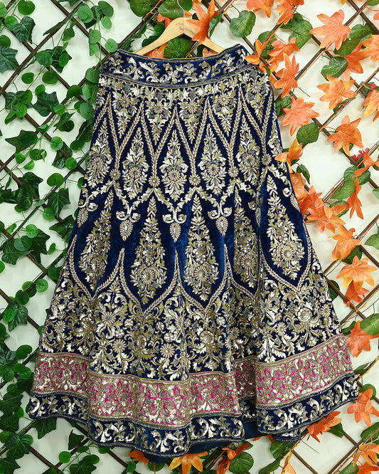 Indian Pre-owned Heavy Wedding Blue Velvet Hand Embroidered Lehenga/Skirt Designer By Manish Malhotra Zardozi Bridal Wear