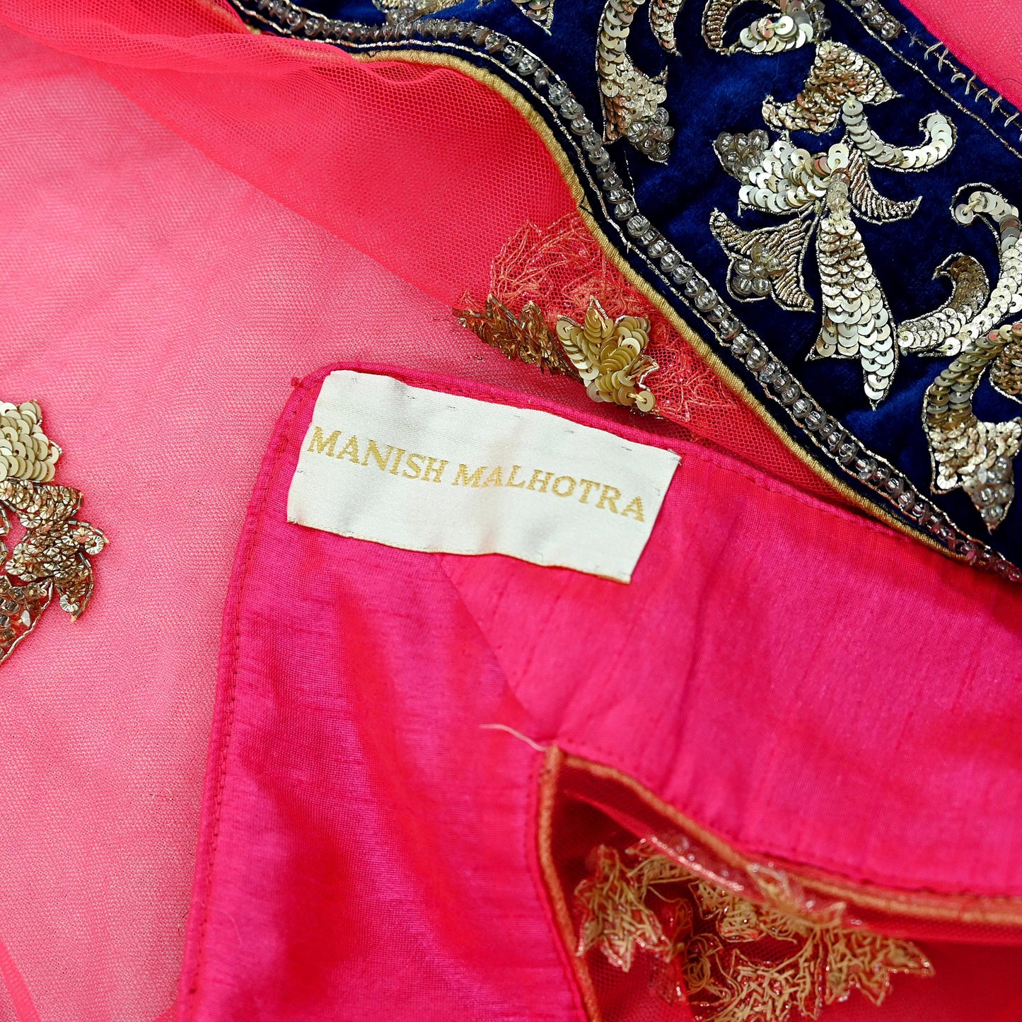 Indian Pre-owned Heavy Wedding Pink Net/Mesh Hand Embroidered Dupatta Designer By Manish Malhotra Zardozi Bridal Veil
